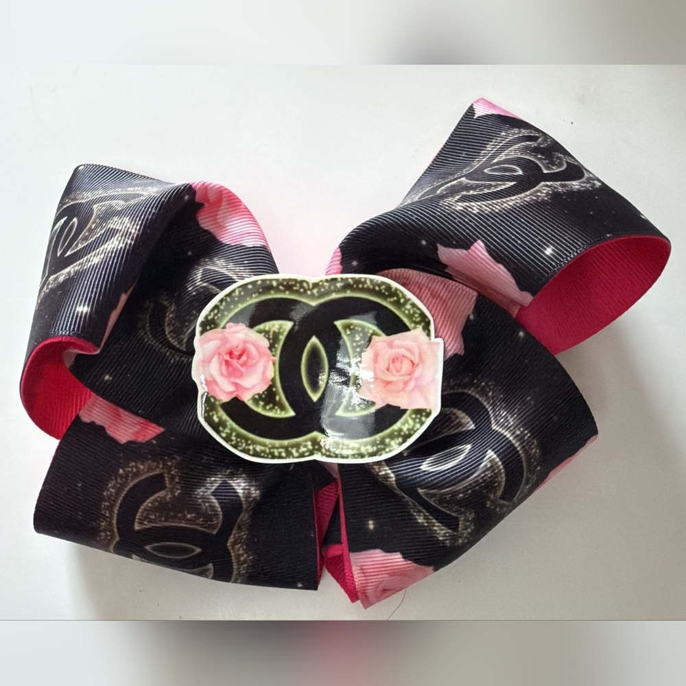 CHANEL Logo With Floral Pattern Hair Bow